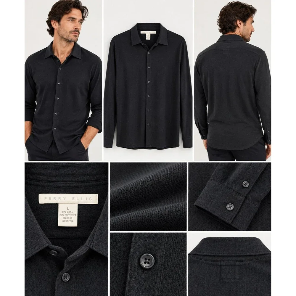 VTG Y2K Perry Ellis Mens L Sheer Shirt Black Button Up 90s Minimalist USA